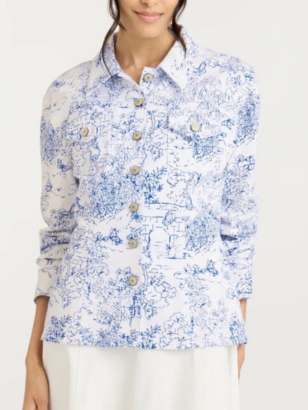 cinq a sept Blue and White Toile Button-Front Jacket